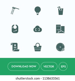 Modern, simple vector icon set on white background with cloud, document, estate, white, cold, fly, sport, bag, water, toy, business, sky, skydiving, shower, paper, building, child, clean, drink icons