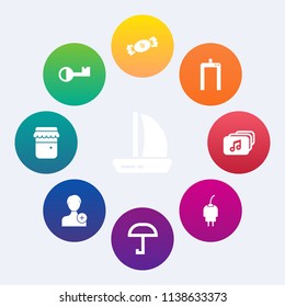 Modern, simple vector icon set on colorful circle backgrounds with rain, honey, music, glass, umbrella, charger, jar, equipment, lollipop, account, candy, cable, add, scan, wind, dessert, member icons
