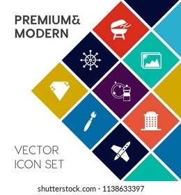 Modern, simple vector icon set on colorful flat background with meat, cleaner, grill, grilling, photography, image, marine, technology, picture, paper, food, jewel, travel, diamond, fire, frame icons
