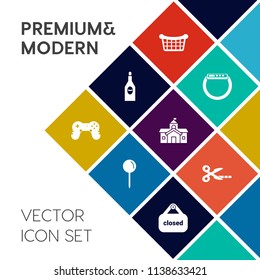 Modern, simple vector icon set on colorful flat background with wineglass, pointer, market, winery, smart, drop, web, banner, cut, drink, restaurant, architecture, house, gadget, alcohol, object icons