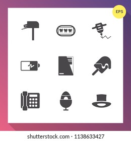 Modern, simple vector icon set on gradient background with care, decoration, dentist, healthy, battery, delivery, holiday, machine, energy, phone, white, cream, dental, box, sweet, tooth, mail icons