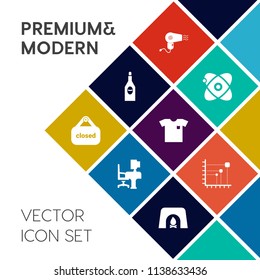 Modern, simple vector icon set on colorful flat background with astronomy, fireplace, home, hair, light, beverage, universe, planet, wine, galaxy, red, shop, alcohol, hairdryer, hairdresser, new icons