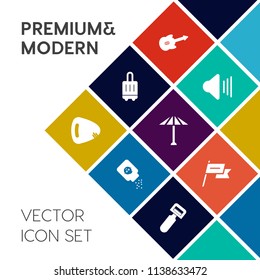 Modern, simple vector icon set on colorful flat background with tourism, electric, journey, care, powder, musical, country, kitchen, instrument, wagasa, transportation, bottle, airport, health icons