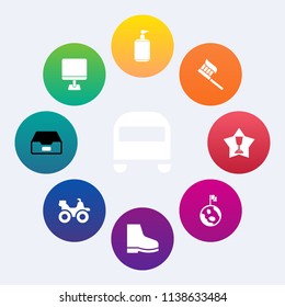 Modern, simple vector icon set on colorful circle backgrounds with first, passenger, technology, achievement, earth, quad, bike, space, transportation, folder, fashion, footwear, planet, award icons