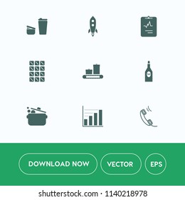 Modern, simple vector icon set on white background with chocolate, candy, mug, glass, spaceship, phone, health, cafe, sweet, alcohol, communication, cup, dark, wine, morning, luggage, launch icons