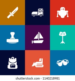 Modern, simple vector icon set on colorful flat backgrounds with bar, school, steel, table, orchestra, machinery, metal, musical, restaurant, trailer, fork, robot, travel, delivery, boat, drink icons