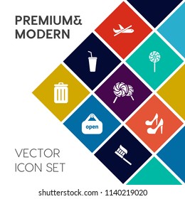 Modern, simple vector icon set on colorful flat background with retail, girl, stick, fashion, food, store, lollipop, high, clean, dessert, ecology, care, glass, cup, no, lolly, cold, airplane icons