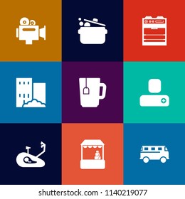 Modern, simple vector icon set on colorful flat backgrounds with food, fitness, professional, cook, handle, real, road, film, electric, building, grocery, media, movie, supermarket, speed, bike icons