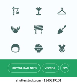 Modern, simple vector icon set on white background with building, saw, rice, party, cocktail, traffic, award, glass, cloakroom, work, clothing, sign, background, coat, beverage, fresh, shovel icons