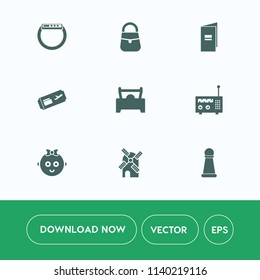 Modern, simple vector icon set on white background with time, book, piece, wind, watch, baby, power, mill, technology, child, chess, business, bag, car, gadget, plane, accessory, electricity icons