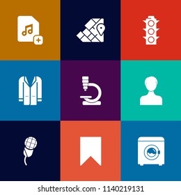 Modern, simple vector icon set on colorful flat backgrounds with travel, sign, green, web, yellow, red, outfit, light, map, profile, safety, machine, mic, bookmark, world, microscope, karaoke icons