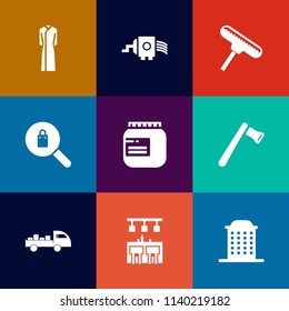 Modern, simple vector icon set on colorful flat backgrounds with shipping, clothes, bar, searching, store, jam, screwdriver, fashion, white, jar, kitchen, cheese, paint, tool, roller, female icons