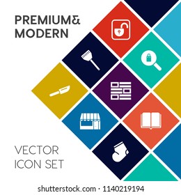 Modern, simple vector icon set on colorful flat background with cooking, lifestyle, open, book, protection, cart, restaurant, food, female, kitchen, fork, casual, grocery, searching, lock, chef icons