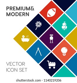 Modern, simple vector icon set on colorful flat background with colorful, lolly, commerce, striped, child, instrument, idea, engineering, sport, candy, kid, equipment, field, dessert, pastry icons