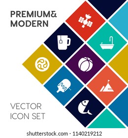 Modern, simple vector icon set on colorful flat background with game, satellite, sea, traditional, cone, food, sign, coffee, drink, crest, kimono, mon, summer, wireless, seafood, bathroom, cup icons