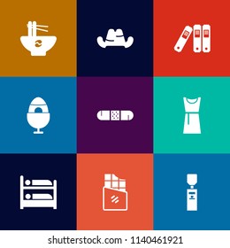 Modern, simple vector icon set on colorful flat backgrounds with cuisine, tasty, archive, object, dessert, cap, celebration, directory, clothing, headwear, office, bar, decoration, dress, food icons