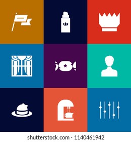 Modern, simple vector icon set on colorful flat backgrounds with profile, espresso, female, interior, light, cafe, hat, patriotism, coffee, luxury, clothing, perfume, spray, state, country, wind icons