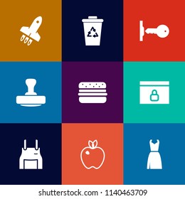 Modern, simple vector icon set on colorful flat backgrounds with internet, healthy, mark, fruit, sign, cook, launch, stamp, garbage, certificate, fashion, lock, recycling, web, hamburger, chef icons