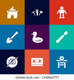 Modern, simple vector icon set on colorful flat backgrounds with technology, machine, taiko, spanner, robot, medieval, construction, drum, palace, animal, tool, spoon, building, music, tape, sky icons