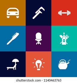 Modern, simple vector icon set on colorful flat backgrounds with construction, repair, work, transportation, fitness, home, sport, gym, sunbed, summer, idea, light, comfortable, interior, chair icons