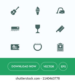 Modern, simple vector icon set on white background with rock, discount, music, dessert, strawberry, home, summer, wine, domestic, price, guitar, glass, cleaner, ice, conditioning, sound, vanilla icons