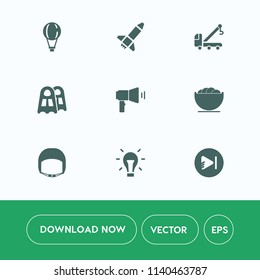 Modern, simple vector icon set on white background with sport, bowl, equipment, jump, transportation, rocket, sea, empty, vehicle, parachute, megaphone, fly, skydiving, extreme, electricity, tow icons