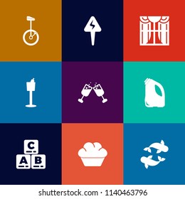 Modern, Simple Vector Icon Set On Colorful Flat Backgrounds With Can, Sweet, Circus, Background, Doughnut, Alcohol, Home, Seafood, Food, Holder, Bike, Drink, Light, Window, Bar, Bottle, House Icons