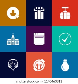 Modern, simple vector icon set on colorful flat backgrounds with light, audio, gift, music, kitchen, white, check, table, sky, user, child, energy, train, social, technology, plate, gas, church icons