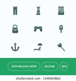 Modern, simple vector icon set on white background with white, lighthouse, candy, bag, clothes, dark, snack, men, umbrella, beacon, summer, food, casual, kitchen, bird, spring, chair, sea, brown icons