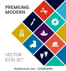 Modern, simple vector icon set on colorful flat background with brush, person, paper, school, dessert, black, summer, style, roller, paint, work, flipper, cupcake, painter, fashion, sea, boat icons