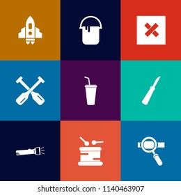 Modern, simple vector icon set on colorful flat backgrounds with painter, drink, laptop, drum, element, home, music, galaxy, kitchen, house, lamp, interior, science, flashlight, rocket, musical icons