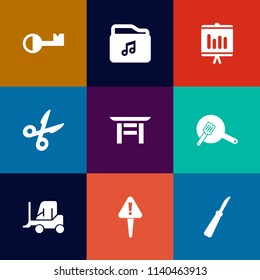 Modern, simple vector icon set on colorful flat backgrounds with paper, sign, file, chart, car, key, truck, house, shrine, gate, safe, annual, mark, food, lock, document, web, cooking, security icons