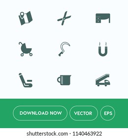 Modern, simple vector icon set on white background with computer, city, navigation, shears, pin, stroller, tool, work, cut, competitive, liquid, white, baby, child, transport, travel, sign, gps icons