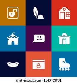 Modern, simple vector icon set on colorful flat backgrounds with unlock, lock, leisure, internet, face, object, safety, construction, padlock, chat, protection, real, house, concept, fun, dinner icons