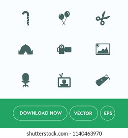 Modern, simple vector icon set on white background with striped, lollipop, chemistry, picture, travel, birthday, image, tool, armchair, frame, camera, tent, sweet, chemical, interior, happy, tv icons