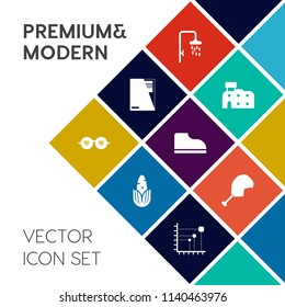 Modern, simple vector icon set on colorful flat background with fashion, house, document, footwear, urban, bath, bathroom, boho, style, building, web, healthy, fresh, paper, city, glasses, retro icons