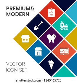 Modern, simple vector icon set on colorful flat background with heart, real, railway, rate, dentist, life, cardiology, sale, sign, vehicle, medicine, drill, sweet, healthy, cream, screwdriver icons