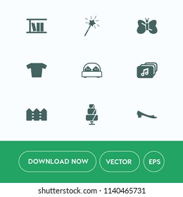 Modern, simple vector icon set on white background with clothes, furniture, footwear, hotel, animal, fantasy, magic, cake, fashion, white, clothing, library, wing, shirt, wand, fun, fence, book icons