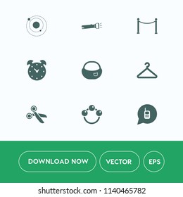 Modern, simple vector icon set on white background with galaxy, energy, telephone, backpack, ringing, system, rattle, graphic, object, school, timer, watch, lamp, clock, child, science, earth icons