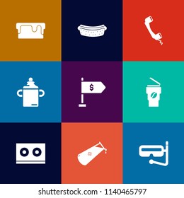 Modern, simple vector icon set on colorful flat backgrounds with chemical, food, hot, money, casette, coffee, sausage, delicious, hotdog, dinner, phone, finance, internet, bakery, sweet, meal icons