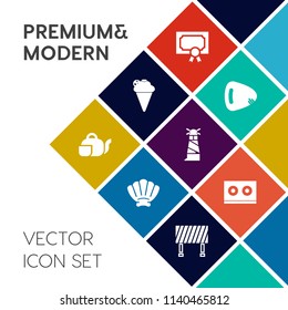 Modern, simple vector icon set on colorful flat background with sign, string, casette, beverage, mollusk, sweet, lighthouse, drink, frame, sea, background, achievement, instrument, tea, light icons