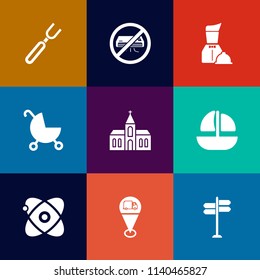 Modern, simple vector icon set on colorful flat backgrounds with kid, no, waiter, building, astronomy, road, location, ship, conditioner, map, stroller, religion, dinner, air, sea, baby, service icons
