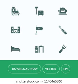 Modern, simple vector icon set on white background with scan, speaker, restaurant, cosmonaut, house, spoon, bedroom, location, money, travel, xray, science, knife, fork, hygiene, spaceman, care icons
