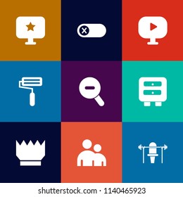 Modern, simple vector icon set on colorful flat backgrounds with people, minimal, graphic, sport, fitness, control, play, deactivate, drawer, media, office, furniture, star, person, electric icons