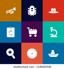 Modern, simple vector icon set on colorful flat backgrounds with cd, zoom, sound, disk, science, sheriff, alien, creature, sea, biology, medical, musical, fiction, microscope, humanoid, western icons