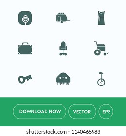 Modern, simple vector icon set on white background with accessory, bag, style, elegance, office, sound, sign, white, business, transport, clothing, circus, music, leather, wheelchair, radio, key icons