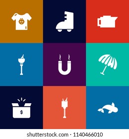 Modern, simple vector icon set on colorful flat backgrounds with sign, cardboard, skating, ice, graphic, baby, rain, weather, fashion, drink, child, food, alcohol, newborn, roller, skate, magnet icons