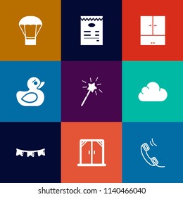 Modern, simple vector icon set on colorful flat backgrounds with happy, white, interface, transportation, duck, play, communication, home, animal, sign, button, bird, cute, celebration, rubber icons