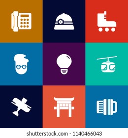 Modern, simple vector icon set on colorful flat backgrounds with sky, accordion, travel, train, shoe, fashion, shrine, skate, internet, boot, plane, roller, bulb, japanese, airplane, energy, fun icons