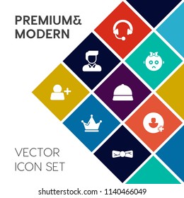Modern, simple vector icon set on colorful flat background with queen, listen, bow, portrait, casual, crown, cute, stereo, king, people, fashion, luxury, little, child, man, audio, music, sound icons